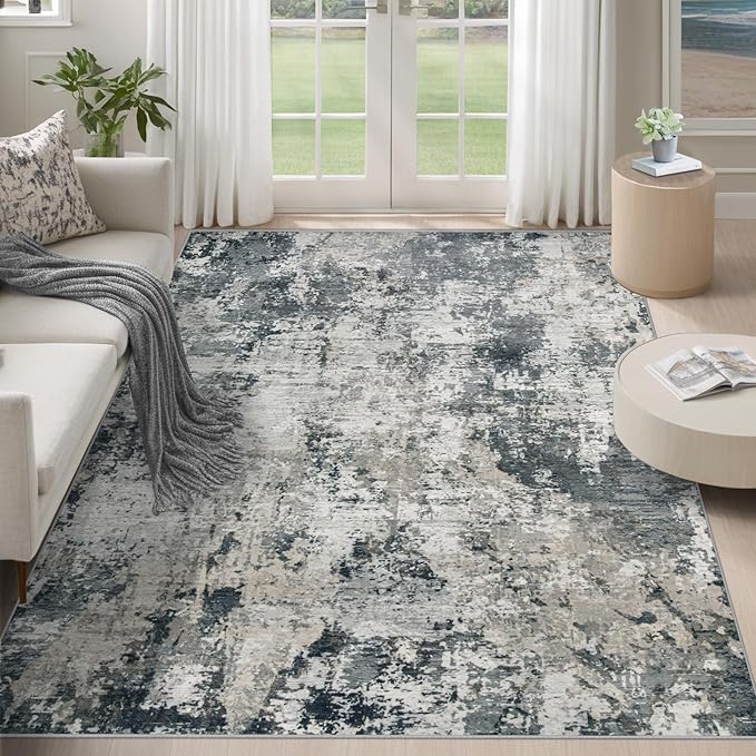 XLUEZ 5x7 Area Rugs for Living Room, Washable Modern Abstract Large Area Rug Neutral Soft Non Slip Kids Rug Stain Resistant Indoor Carpet for Bedroom Nursery Dining Room Playroom(GreyWhite, 5'x7')