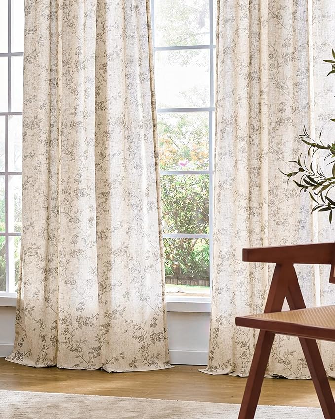 Lazzzy Grey Floral Linen Curtains 96 Inch Farmhouse Back Tab Drapes for Living Room Bedroom Light Filtering Vintage Grandmillennial Rod Pocket Curtains, 2 Panels, W38 x L96, Grey on Beige