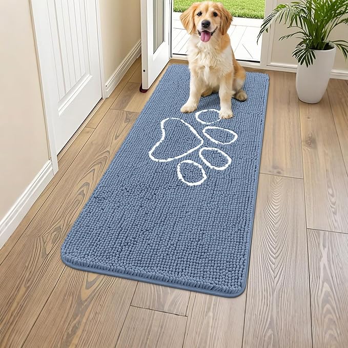 Smiry Dog Door Mat for Muddy Paws, Absorbent Dirt Trapper Non Slip Quick Dry Washable Chenille Mat for Mud Dogs, Entry Rug for Indoor and Outdoor (47x24 Inches, Airy Blue and White)