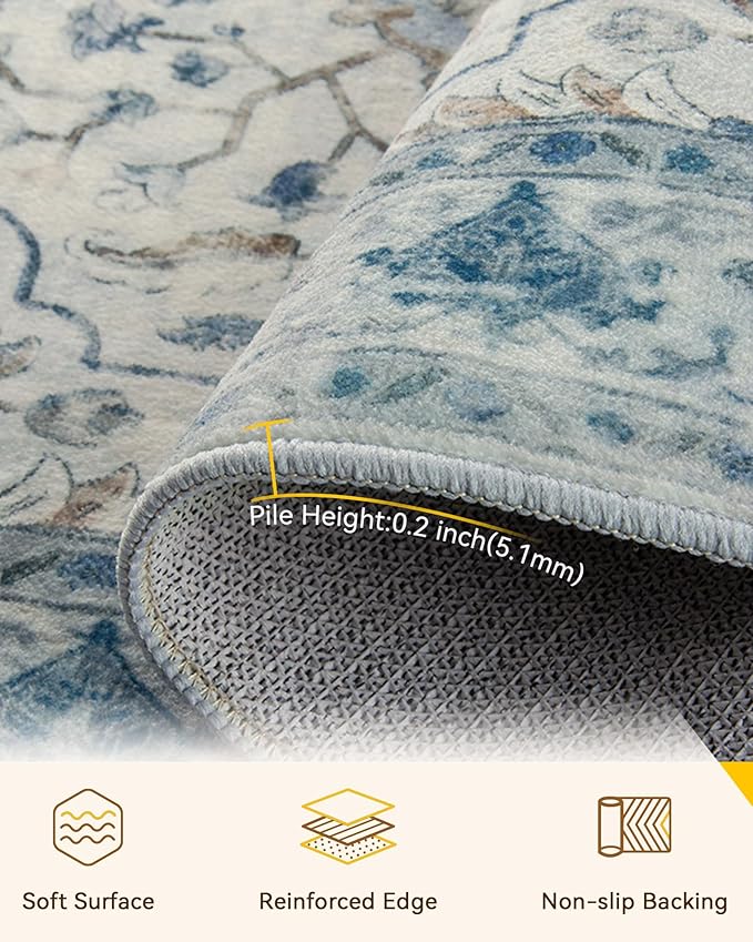 Area Rugs 3'x12' Runner Rug Non Slip Washable for Kitchen Hallway Bedroom Beside Laundry Room Bathroom Rug, Floor Carpet, Light Blue Navy Beige Gray White