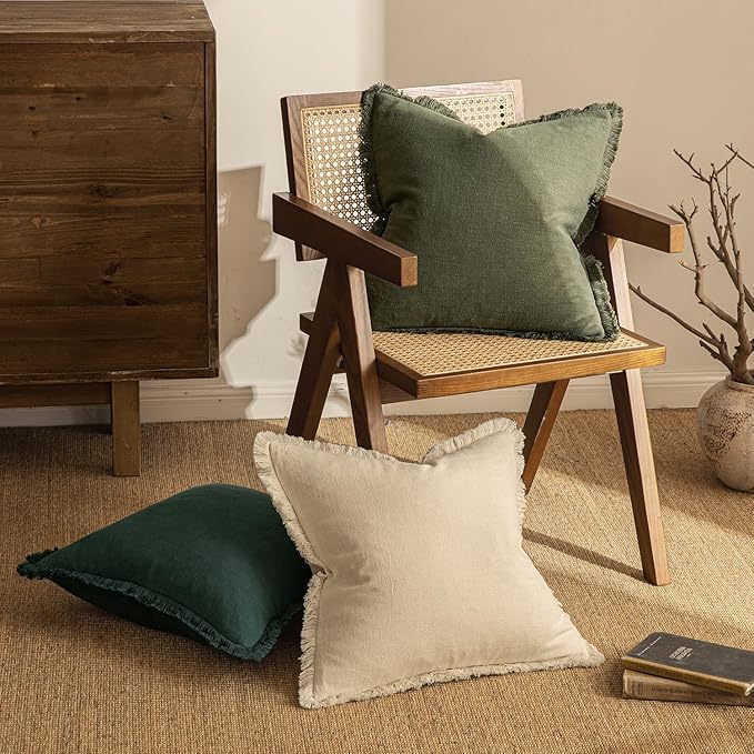 MIULEE Decorative Throw Pillow Covers Neutral Linen Fringe Throw Pillows Euro Shams Set of 2 Olive Green Boho Farmhouse Cushion Covers for Couch Sofa Bed Living Room Spring Home Decor 28x28 Inch