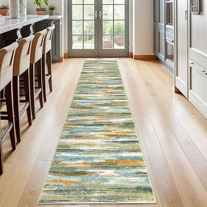 Lansny Modern Abstract Runner Rug 2x12, Green Mustard Multi Washable Long Kitchen Runner Non-Slip Soft Hallway Rug Runner Thin Print Faux Wool Carpet for Entryway Bedroom Laundry Room Indoor