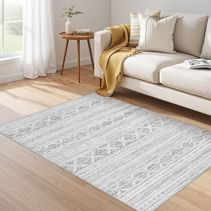 Nakagishi 4x6 Area Rugs Living Room: Washable Boho Large Neutral Soft Farmhouse Rug Stain Resistant Modern Indoor Floor Non-Slip Carpet for Bedroom Nursery Kids Office Dining Room Dorm - Dark Grey