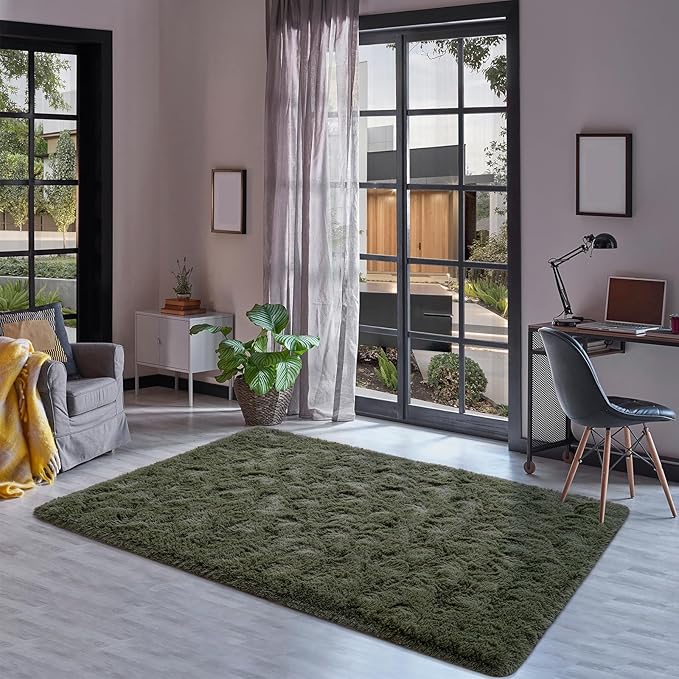 Goideal Fluffy Rug for Bedroom Living Room, 5x7 Olive Green Area Rugs, Faux Fur Shag Modern Carpet Ultra Soft Girls Boys Room Home Decor, Solid