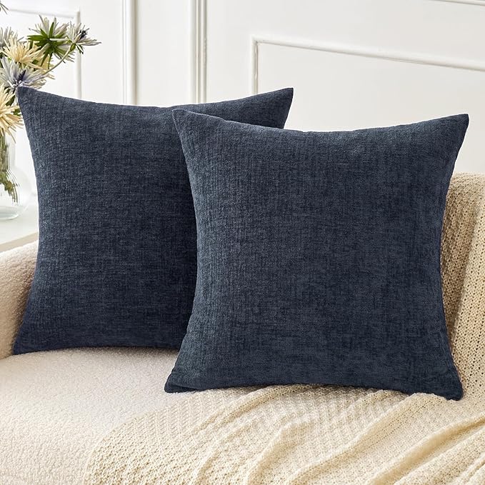MIULEE Pack of 2 Navy Blue Throw Pillow Covers 16x16 Inch Soft Chenille Pillow Covers for Sofa Living Room Couch Solid Dyed Cases