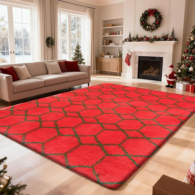 Shag Area Rug for Bedroom 4x6,Fluffy Area Rugs for Living Room,Geometric Soft Fuzzy Rug Non-Shedding Indoor Plush Carpet for Kids Bedroom Nursery Dorm Home Christmas,Red and Green