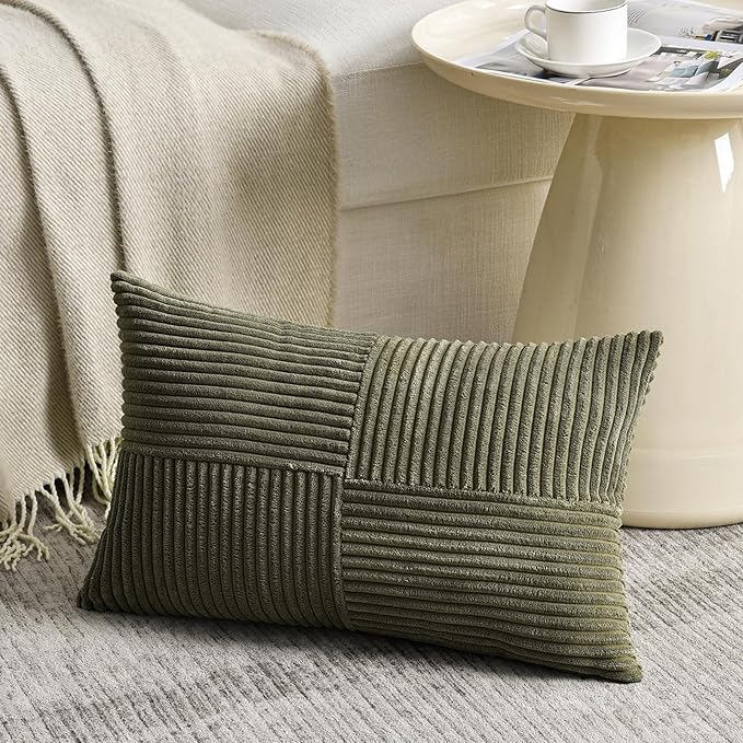 Fancy Homi 2 Packs Olive Green Lumbar Decorative Throw Pillow Covers 16x26 Inch for Living Room Couch Bed, Farmhouse Boho Home Decor, Soft Striped Corduroy Rectangle Accent Cushion Case 65x40 cm