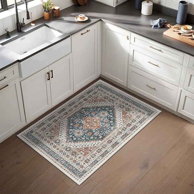 Entryway Rug - 2x3 Washable Rug Runner for Bathroom, Laundry Room, Kitchen, Soft Vintage Hallway Runner for Bedroom, Non-Slip Door Mat Indoor Entrance(Blue/Red,2'x3')