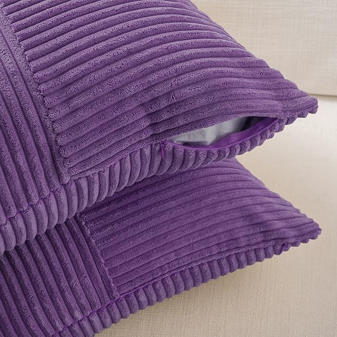 Fancy Homi 2 Packs Purple Decorative Throw Pillow Covers 16x16 Inch for Living Room Couch Bed, Farmhouse Boho Home Decor, Soft Corss Patchwork Corduroy Textured Square Cushion Case 40x40 cm