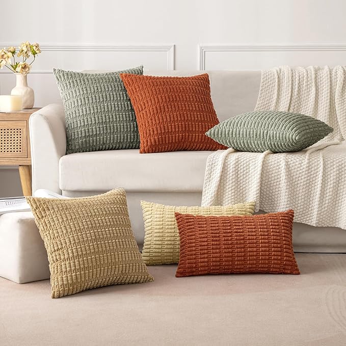 MIULEE Pack of 2 Corduroy Decorative Throw Pillow Covers 16x16 Inch Soft Boho Striped Pillow Covers Modern Farmhouse Home Decor for Summer Sofa Living Room Couch Bed Light Olive Green