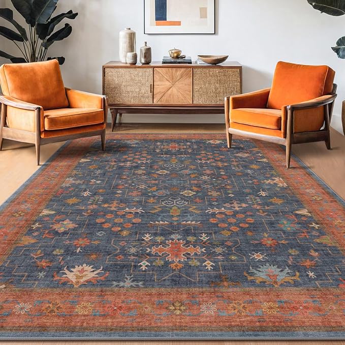 Hazo Haus 6x9 Dining Room Rugs for Under Table - Washable Area Rug for Living Room, Low Pile Non-Slip Rugs for Bedroom - Navy Blue & Terracotta Vintage Boho Eclectic Home Decor