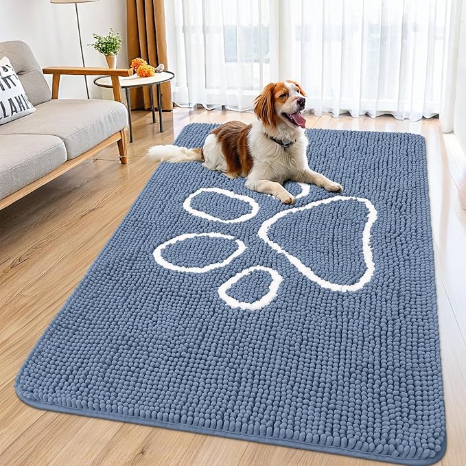 Smiry Dog Door Mat for Muddy Paws, Absorbent Dirt Trapper Non Slip Quick Dry Washable Chenille Mat for Mud Dogs, Entry Rug for Indoor and Outdoor (59x35 Inches, Airy Blue and White)