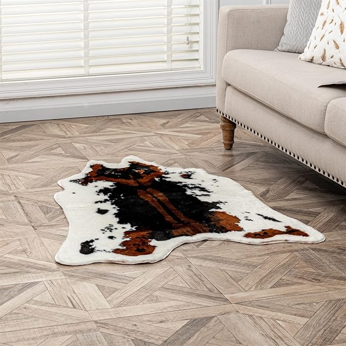 Faux Cowhide Rug Cow Print Area Rug Premium Faux Animal Skin Hide Rugs Tricolor Decor Carpet Non-Slip Small Cowhide Rugs Mat for Bedroom Living Room Office Kitchen 43.3X33.4Inches
