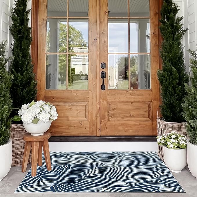 Modern Outdoor Rug - 28" x 43" Front Door Mat Indoor Outside Entrance Non-Slip Washable Outdoor Mat Navy Blue White Ocean Waves Rug for Entryway Kitchen Bedroom Layered Doormat for Front Porch