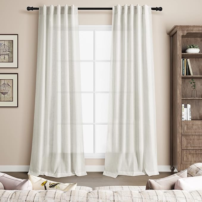 Cream Linen Curtains 84 inches Long for Bedroom Back Tab Light Filtering Privacy Sheer Curtains Modern Farmhouse Decor for Living Room Dinning Room Cotton Textured Gauze Curtain 2 Panel Set 36x84