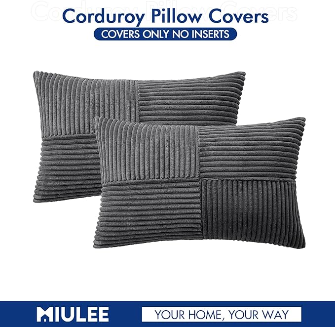 MIULEE Grey Decorative Lumbar Throw Pillow Covers 12x20 Inch for Couch Bed Sofa Pack of 2 Boho Farmhouse Throw Pillows Soft Cross Corduroy Patchwork Textured Cushion Cases