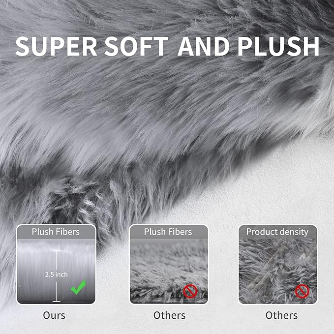 Faux Fur Area Rug, Grey Fluffy Rugs for Bedroom Living Room, 4'x6' Soft Shaggy Fuzzy Rug for Nursery, Indoor Plush Gray Floor Carpets for Kids Girls Boys Teen Dorm, Cute Home Decor, Rectangle