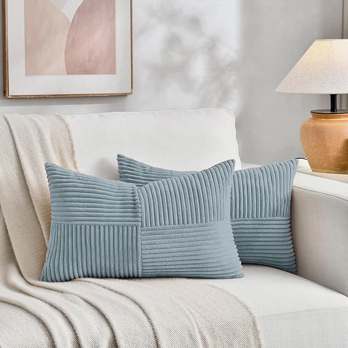 Fancy Homi Set of 2 Light Blue Long Lumbar Decorative Throw Pillow Covers 16x24 Inch for Couch Bed Sofa, Rustic Farmhouse Boho Home Decor, Soft Striped Corduroy Rectangle Accent Cushion Case 40x60 cm