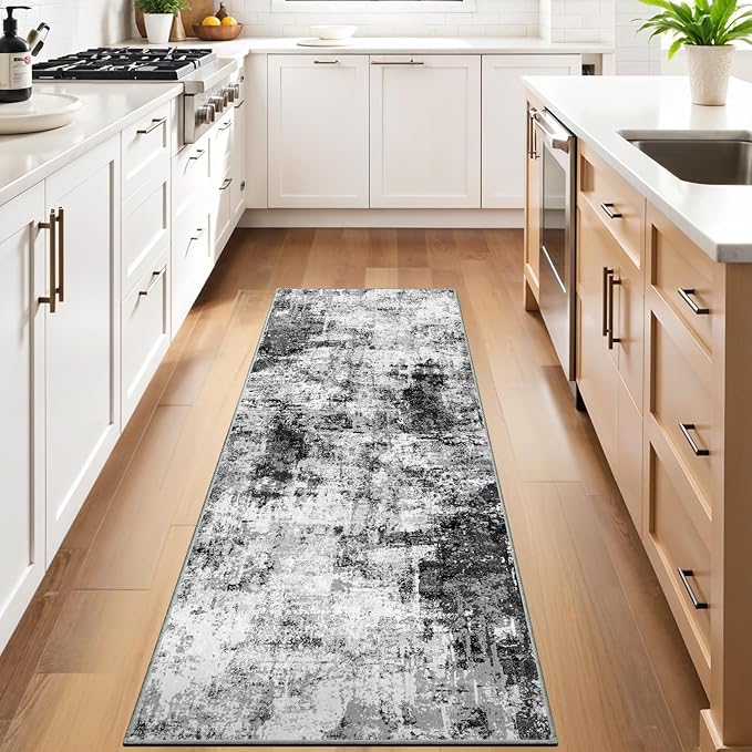 2x8 Washable Runner Rugs for Hallway: Easy-to-Clean Abstract Runners for Entryway Bedroom - Stain and Water Resistant Rugs with Non-Slip Backing - Soft Low-Pile Carpet Black Grey