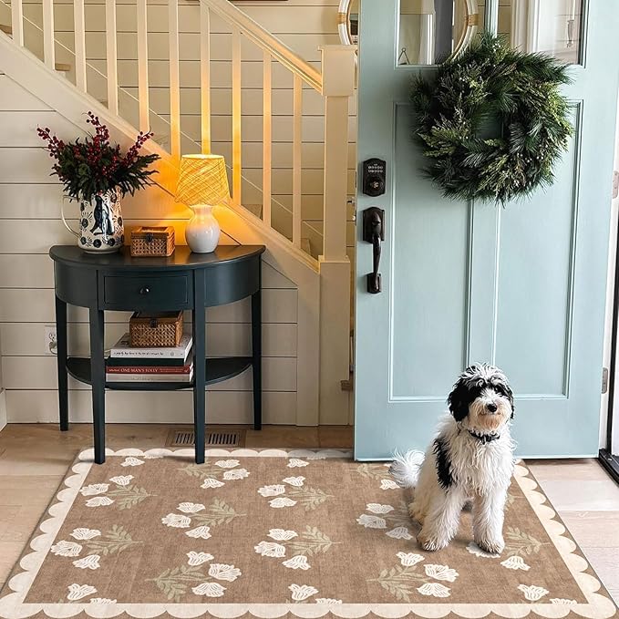 3x5 Floral Entry Rug - Small Washable Indoor Outdoor Mats for Front Door Non-Slip Porch Rug Tan Boho Neutral Farmhouse Throw Rugs for Living Room Bedroom Entryway Kitchen Office Porch Decor