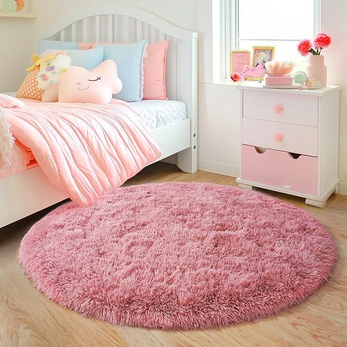 5'x5' Blush Round Rugs for Girls Bedroom, Ultra Soft Fluffy Circle Rug for Kids Room, Cute Shag Rugs for Living Room Playroom Tent Castle Home Decor Rug