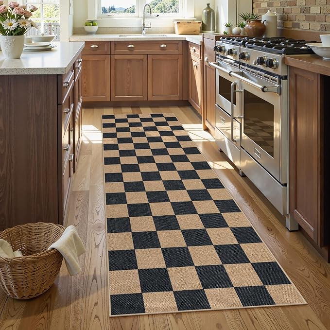 Lahome Colette Checkered Easy Jute Runner Rug, 2x8 Kitchen Rug Non Slip Washable Outdoor Runner for Entryway Indoor, Checkerboard Black Indoor Outdoor Carpet for Hallway 8ft Entry