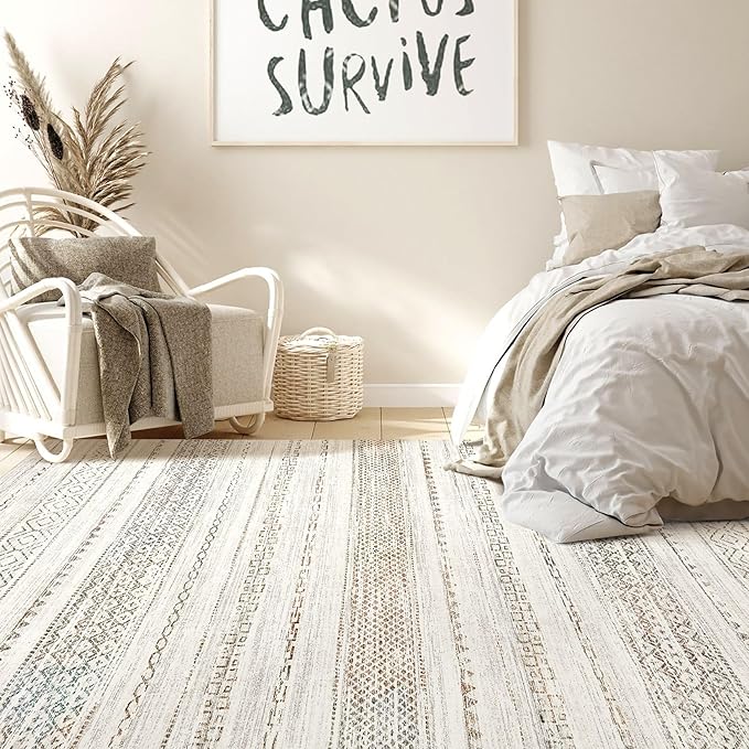 Nakagishi Area Rug 6x9 Living Room: Washable Boho Large Neutral Soft Farmhouse Rugs Stain Resistant Modern Indoor Floor Non-Slip Carpet for Bedroom Nursery Kids Playroom Office Dining Room- Colorful