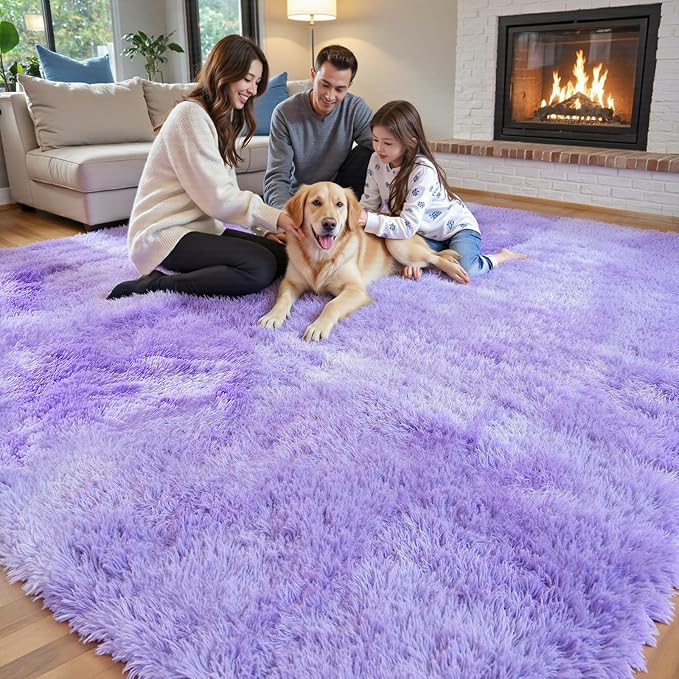 Area Rugs 10x14 Living Room, Shaggy Carpet Soft Plush Furry Bedside Rug Large Area Rugs for Bedroom Kids Girls Boys Home Decor Anti Slip(10 x 14, Purple Starry)