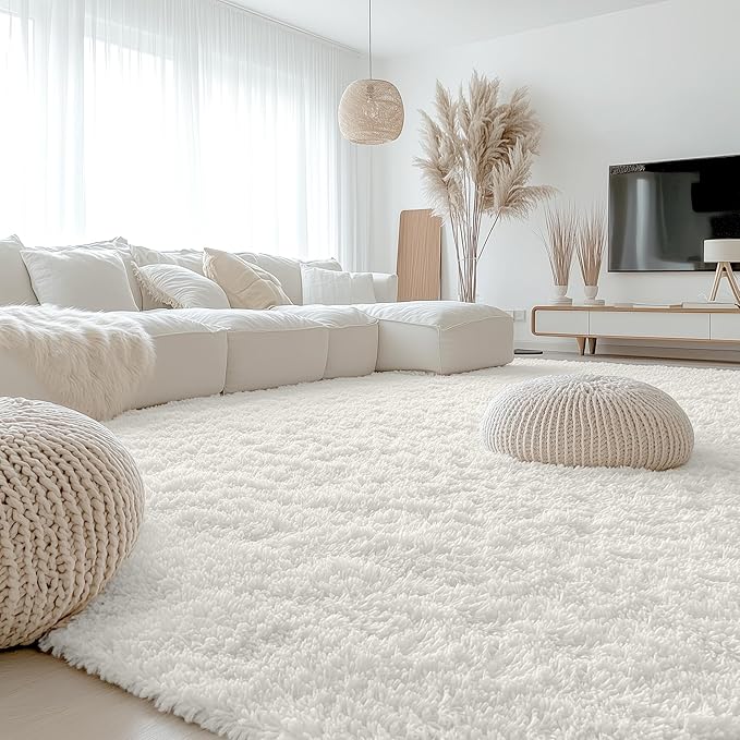 OLANLY 8x8 Machine Washable Large Area Rugs for Living Room, Bedroom, Soft Fluffy Shaggy Bedside Rug, Indoor Floor Carpet for Kids Girls and Boys, Dorms, Nursery, Home Decor Aesthetic, Ivory