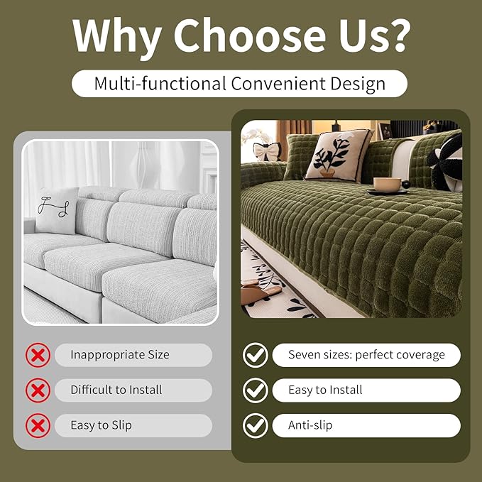 Velvet Couch Cover, Washable Sectional Sofa Cover, Anti Slip Sofa Slipcover for 3 Cushion Couch Sofa L Shaped Armrest Backrest, Furniture Protector Covers for Pets Kids(1PC, Green, 28"×28")