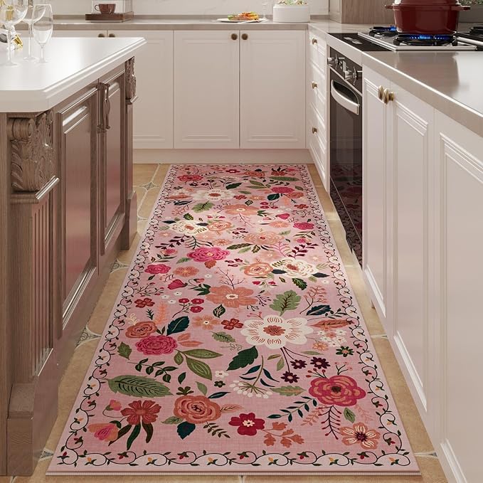 Rugcomf 2x5 Rug Runner - Floral Machine Washable Kitchen Rug, Non-Slip Low Pile Boho Carpet for Hallways, Laundry, Entryway, Bedroom, Bathroom - Pink