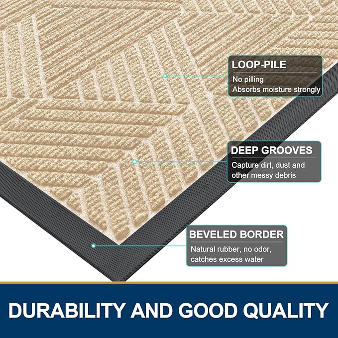 Smiry Front Door Mat Outside Entrance, Heavy Duty Sturdy Natural Rubber Doormat, Trap Dirt and Moisture, Easy Clean Low Profile Welcome Floor Mats for Indoor Outdoor Entry, 59x34 Inch, Beige