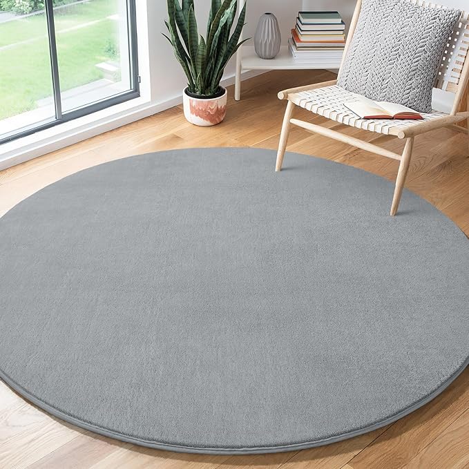 Amearea Grey Round Area Rugs 4ft Washable Circle Rugs for Bedroom Living Room, Fluffy Indoor Thickened Memory Foam Rug, Non Slip Minimalist Circular Carpet for Kids Boys Girls Dorm Nursery Room Decor