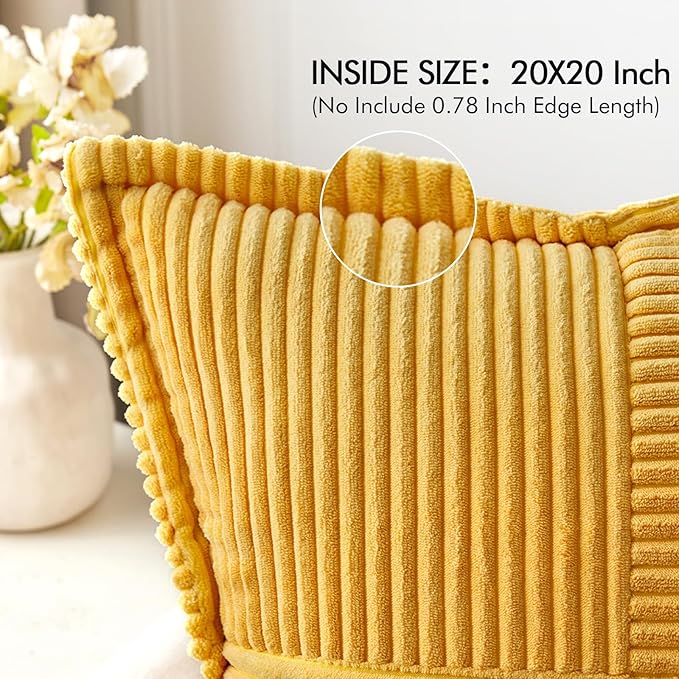 MIULEE Golden Yellow Corduroy Pillow Covers 20x20 Inch with Splicing Set of 2 Soft Boho Striped Pillow Covers Broadside Decorative Textured Summer Pillowcases for Couch Cushion Bed Livingroom