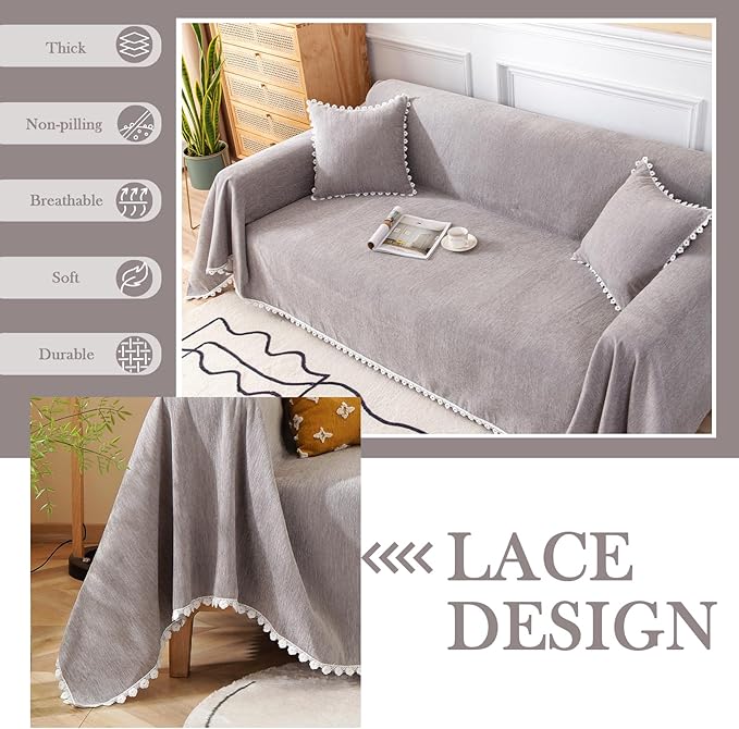 HANDONTIME Couch Cover for Dogs Grey Sectional Couch Covers for 3 Cushion Couch Sofa Flower Lace Sofa Covers Machine Washable Easy Install Futon L Shaped Couch Cushion Covers for Cat Kids, 71" X150"