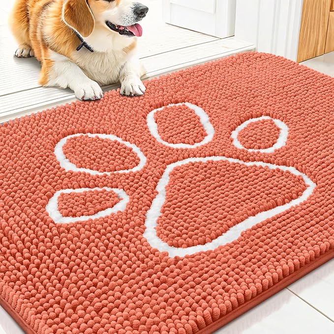 Smiry Dog Door Mat for Muddy Paws, Absorbent Dirt Trapper Non Slip Quick Dry Washable Chenille Mat for Mud Dogs, Entry Rug for Indoor and Outdoor (30x20 Inches, Coral and White)
