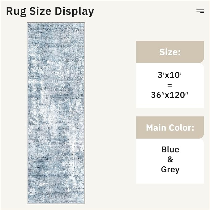 Runner Rug 3x10 Washable Non-Slip Hallway Runner Rugs for Kitchen Bathroom Laundry Room Blue/Grey Vintage Floor Carpet Runners for Hallways Entryway