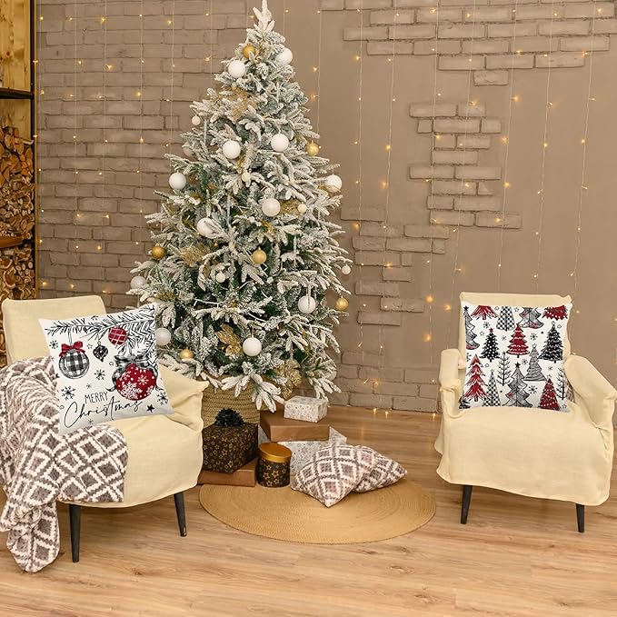 ONFAON Christmas Decorations - Merry Christmas Trees Red Throw Pillow Covers 18x18 Set of 4,Winter Holiday Decor Throw Cushion Case for Home Couch