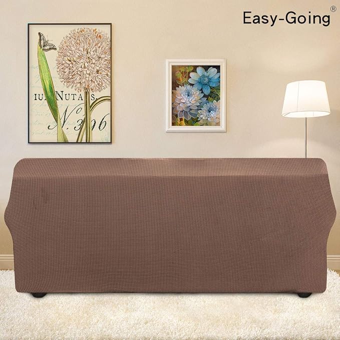 Easy-Going Stretch 4 Seater Sofa Slipcover 1-Piece Sofa Cover Furniture Protector Couch Soft with Elastic Bottom for Kids, Polyester Spandex Jacquard Fabric Small Checks Brown