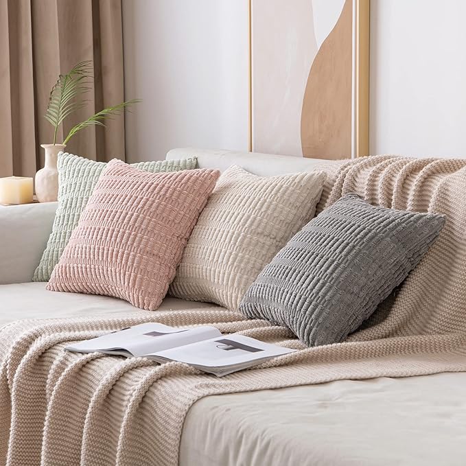 MIULEE Pack of 2 Corduroy Decorative Throw Pillow Covers 12x12 Inch Soft Boho Striped Pillow Covers Modern Farmhouse Home Decor for Sofa Living Room Couch Bed Light Grey