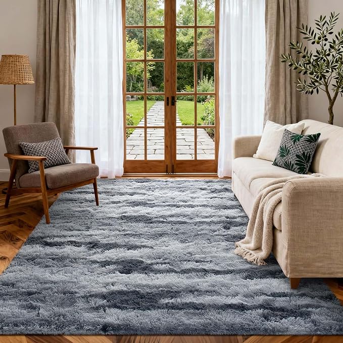 4x6 Ft Shag Rugs for Bedroom Living Room, Tie-Dyed Ultra Soft Fluffy Furry Area Rugs for Indoor Floor, Aesthetic Carpet for Kids Home Decor (Grey)