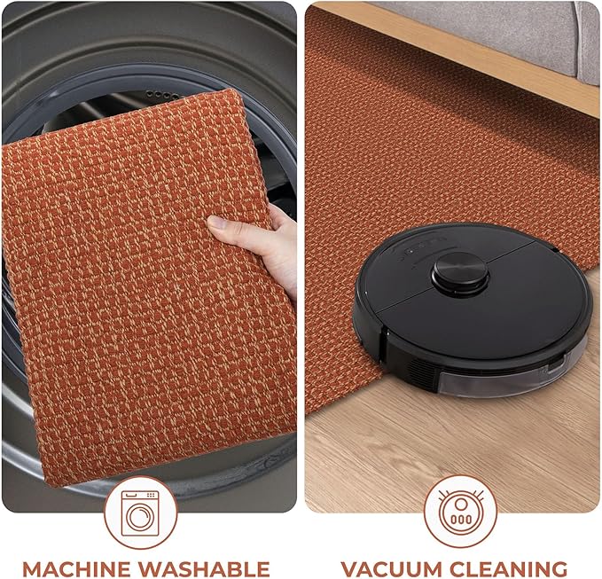 KOZYFLY Washable Area Rug 5x7 ft Rubber Backed Non Slip Rugs for Living Room Braided Cotton Bedroom Rug Woven Office Rugs Indoor Outdoor Floor Carpets for Dining Bedroom Living Room, Orange/Tan