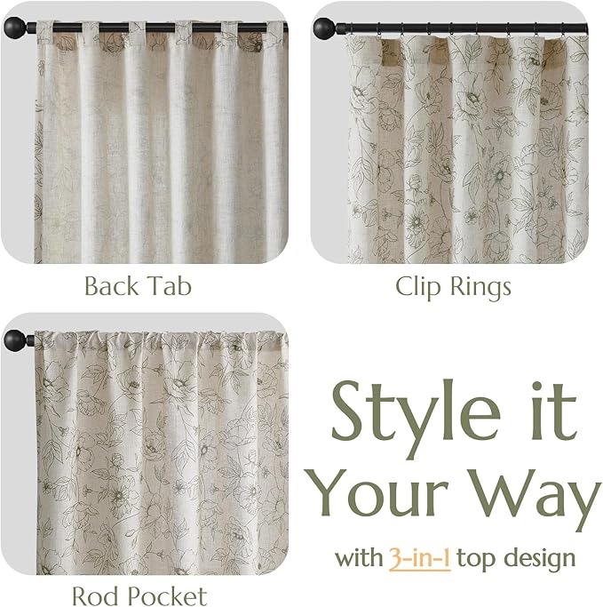 jinchan Floral Linen Curtains for Living Room 96 Inch Length Green Flower Curtain Rod Pocket Back Tab Farmhouse Curtains with Printed Floral Bedroom Window Curtain Set, 2 Panels Green