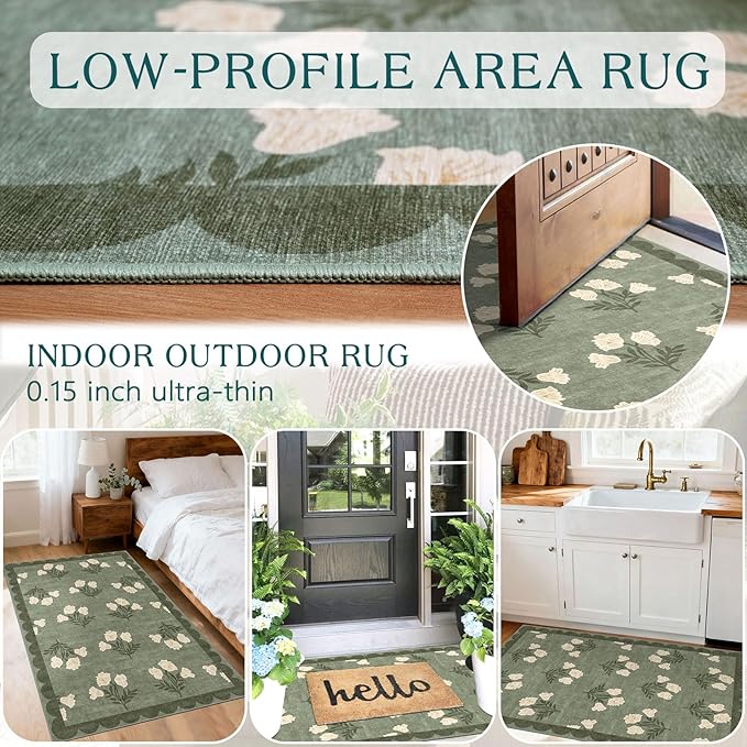 Floral Outdoor Rug - 28" x 43" Front Door Mat Indoor Outside Entrance Non-Slip Washable Outdoor Mat Sage Green Spring Scalloped Rug for Entryway Kitchen Bedroom Layered Doormat for Front Porch