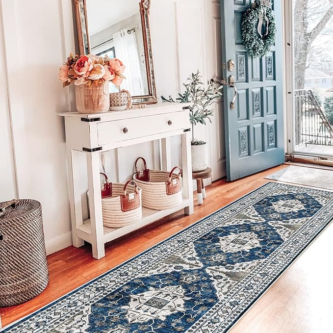 Hallway Washable Runner Rug - 2x7 Kitchen Rugs Entryway Rug Runner Vintage Soft Floor Mat Non Slip Indoor Farmhouse Carpet for Bathroom Living Room Bedroom (2 X 7, Blue)