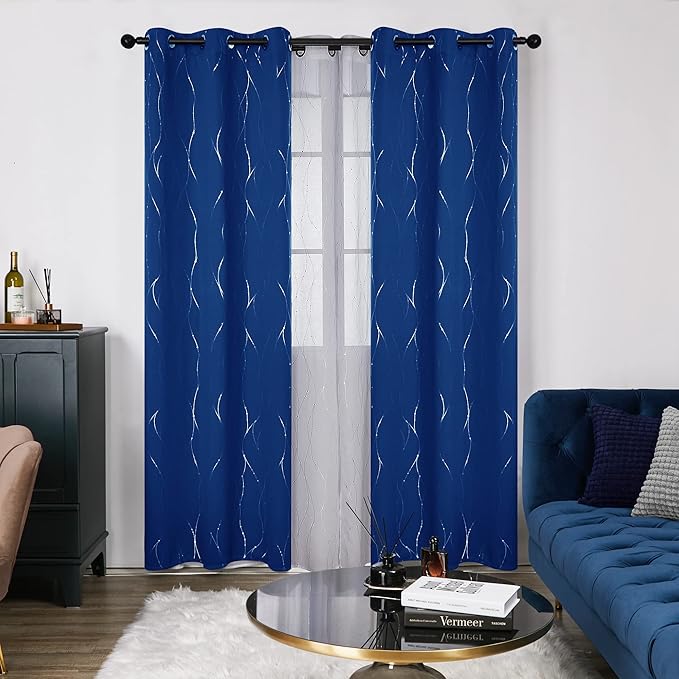 Deconovo Blackout Curtains, 42 x 108 Inch Long Drapes for Sliding Door, Wave Dot Silver Print, Soundproof Thermal Insulated Curtain for Bedroom Living Room, Set of 2, Machine Washable, Royal Blue