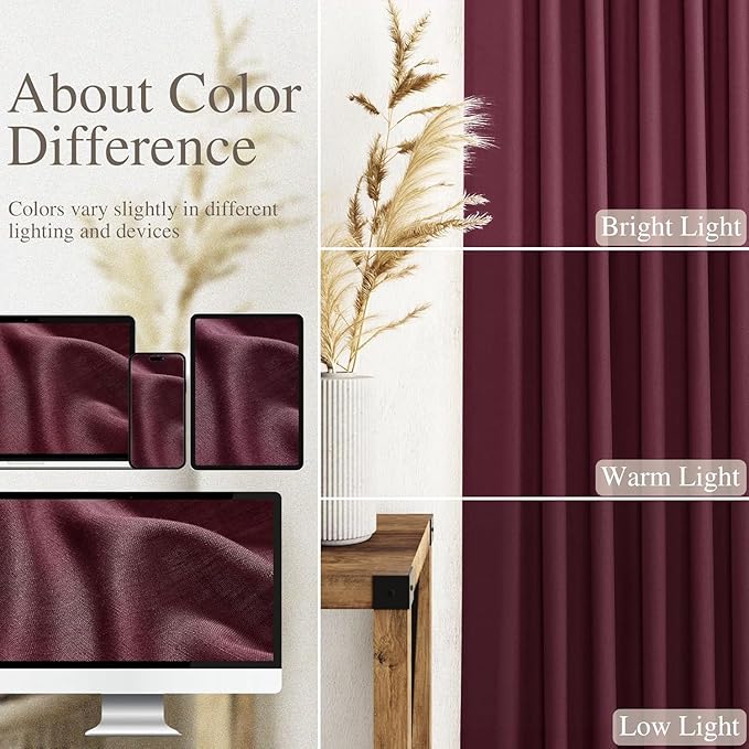 Nanspring Burgundy Linen Curtains for Living Room 105 Inches Long Light Filtering Semi Sheer Curtain Back Tab Vintage Boho Decor Elegant Luxury Drapes for Bedroom Dinner Room 52x105, 2 Panels
