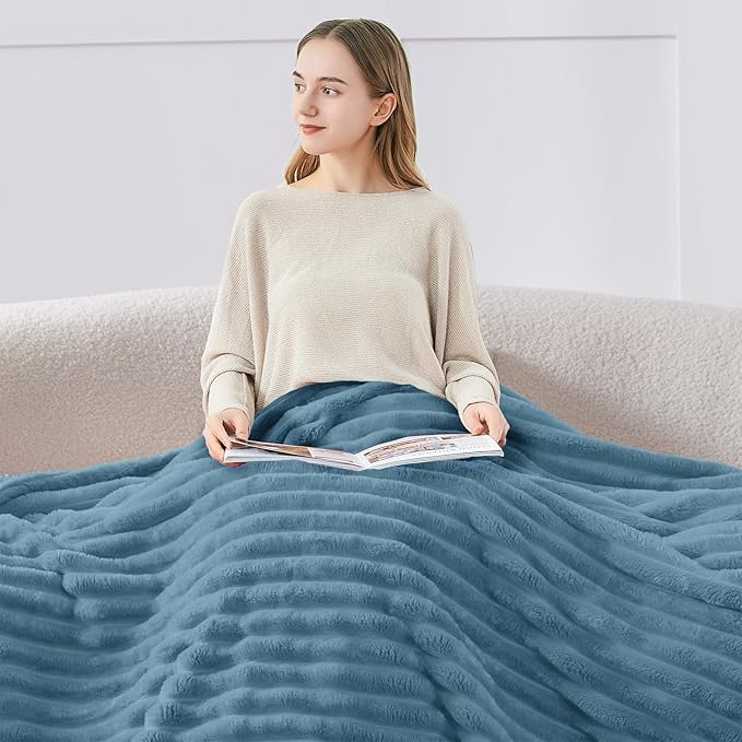 BEDELITE Fleece Throw Blanket for Couch - 300GSM Soft & Warm Fluffy Light Blue Blanket, Decorative and Giftable Striped Blankets for Women, Men, 50"x70"