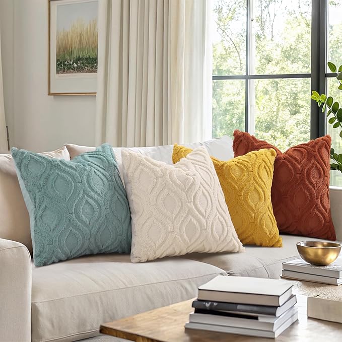 decorUhome Summer Throw Pillow Covers 20x20 Inch Set of 2, Soft Plush Faux Wool Mustard Yellow Solid Couch Pillow Covers, Accent Farmhouse Neutral Square Pillow Cases for Sofa Bed Living Room