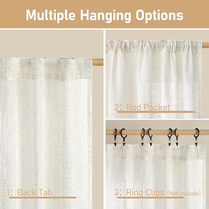 LAMIT Cream Linen Semi Sheer Curtains 45 Inch for Windows, Light Filtering Neutral Bedroom Curtains Farmhouse Boho Back Tab and Rod Pocket Decor Panels, 2 Panels, 52 x 45 Inch